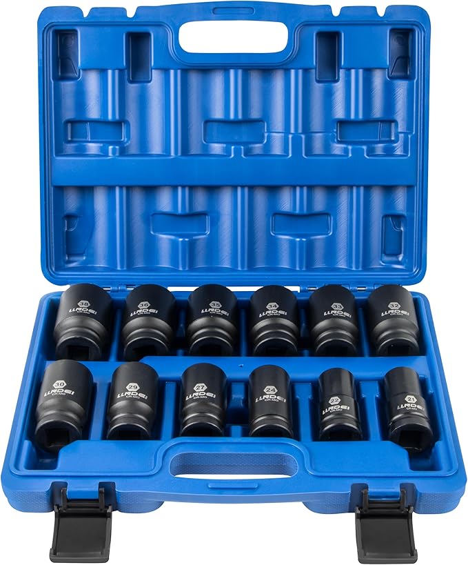 LLNDEI 3/4 inch Drive Impact Socket Set, 12 Piece Heavy Duty CR-MO Deep/Jumbo Sockets 6 Point Design, Metric 21mm-38mm, for Large Vehicle and Apparatus Maintenance