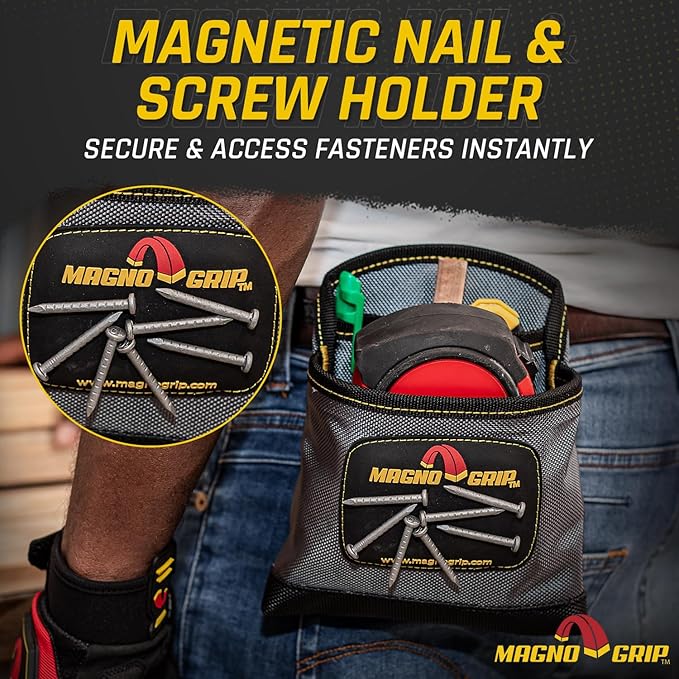 MagnoGrip 3-Pocket Nail Pouch with Integrated Magnetic Storage - Durable 1680D Ballistic Polyester, Magnetic Interior & Exterior, Tool Belt Compatible, Construction Pouch for Carpenters & DIY Projects