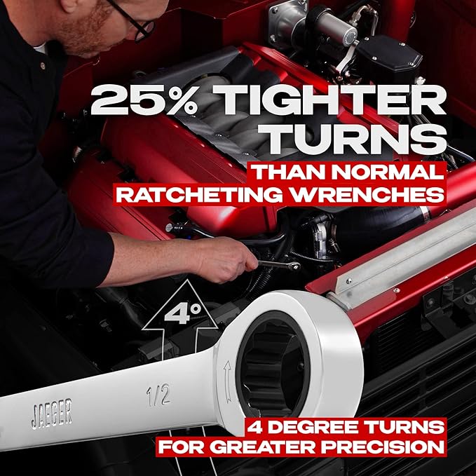 Jaeger 15pc 90-Tooth Ratcheting Wrenches MASTER SET - Our LARGEST SAE With Wrench Rack Organizer - Our standard in safety for combination wrench sets from gear to tip