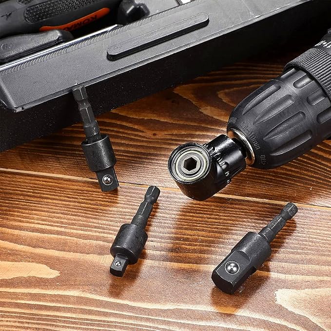 Right Angle Drill Adaptor,4-in-1 Impact Drill Bit Extension,360째 Rotatable 1/4 3/8 1/2" Impact Grade Socket Adapter Set,105 Degree Angle Screwdriver Drill Bit for Household Workplace Industry
