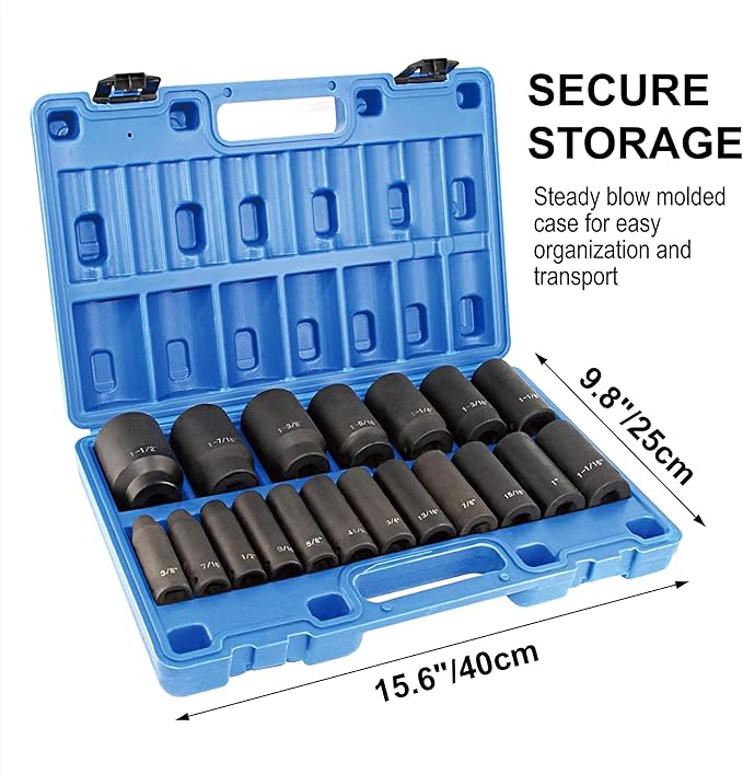 19pcs 1/2" Impact Socket Set, 6-Point Deep Socket, Cr-V Steel, 3/8 inch - 1-1/2 inch