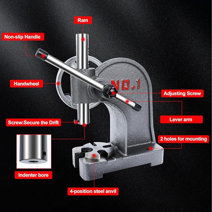 hightall 1 Ton Arbor Press,Handwheel & Long Lever Operation | Cast-Iron Frame, Stainless Steel Ram | 3 Drifts (Flat/Pointed/Round), 5.5" Max Height, Table-Mountable for Metal Stamping, Leathercraft