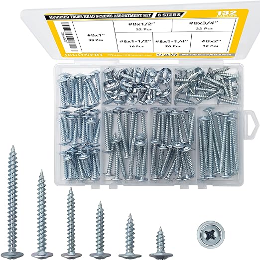 #8 Modified Truss Head Wood Screws Assortment Kit, 132 pcs, Phillips Drive, Wood Screws, Screws Assortment, Screws, Screws Set, 6 Sizes (1/2?? 3/4?? 1?? 1-1/4?? 1-1/2?? 2??