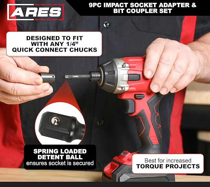 ARES 22034 ??9-Piece Impact Grade Socket Adapter and Bit Coupler Set - Turns Impact Drill Driver into High Speed Socket Driver - 1/4-Inch, 3/8-Inch, and 1/2-Inch Drive ??Quick Release Bit Coupler
