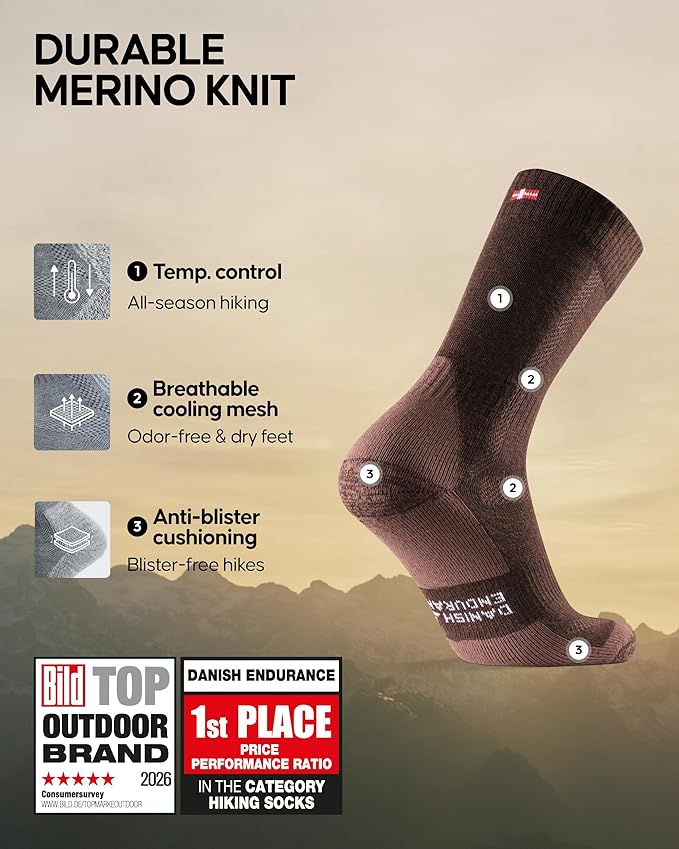 DANISH ENDURANCE Merino Wool Hiking Crew Socks for Men & Women, Cushioned Anti-Blister, Breathable - 3 Pairs