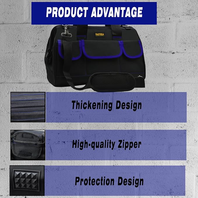 FASTECH 20 Inch Tool Bag, Large Tools Bag Waterproof Wide Mouth Tool Kit Heavy Duty Tool Bag Organizer, Tool Storage Package For Men/Women (20IN Blue)