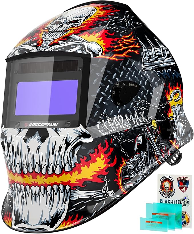 ARCCAPTAIN Welding Helmet Auto Darkening, 1/1/1/1 True Color Welding Hood, 4 Arc Sensor 1/25000s Response Time Solar Powered Weld Hood Helmet HSH-S800 Skeleton Knight