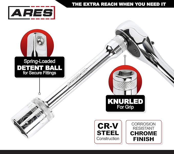 ARES 41010-3-Piece 1/2-Inch Drive Socket Extension Set - Includes 6-Inch, 10-Inch, and 18-Inch Extensions - Premium Chrome Vanadium Steel with Mirror Finish