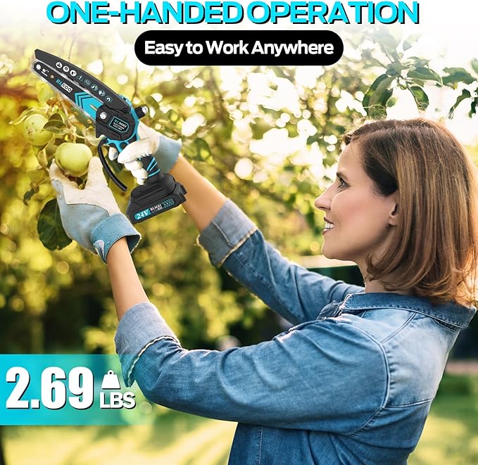 Mini Chainsaw Cordless, 6 Inch Electric Battery Chain Saw craftsman with Auto Oiler & Security Lock, Portable Small Hand Cutter for Branches, Wood Cutting, Yard, Garden Use (2 Batteries, 3 Chains)