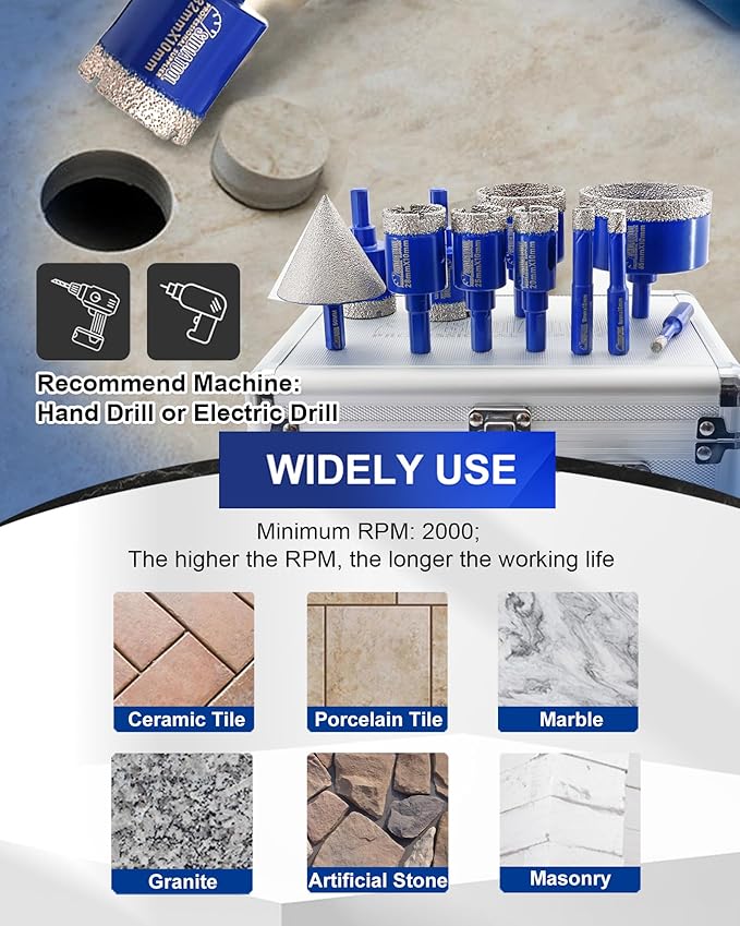 SHDIATOOL Diamond Drill Core Bits Set for Porcelain,Triangle Shank Hole Saw Cutter for Tile Marble Ceramic Granite 11pieces(6/8/10/20/25/28/32/35/45/65MM/2 inch)
