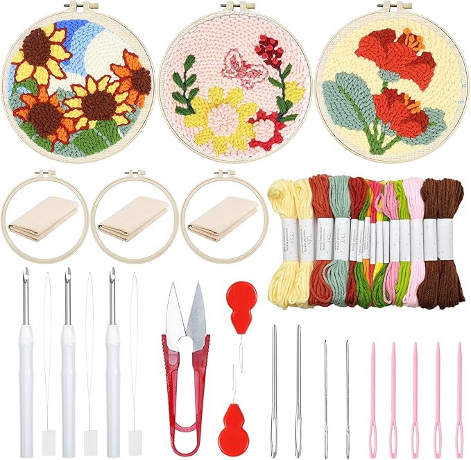 Woohome Punch Needle Kit Included Plastic Hoops, Punch Needle Cloth, Color Yarn and Punch Needle Tools for Adults, Beginners (Sunflowers, Butterflies and Flowers)