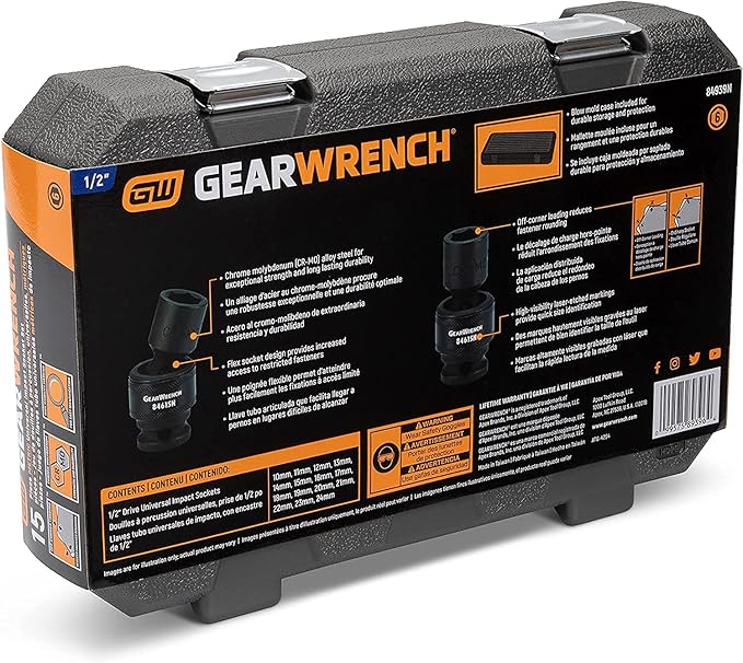 GEARWRENCH 1/2-Inch 6 Point Metric Universal Impact Socket Set (15 Piece) - 84939N