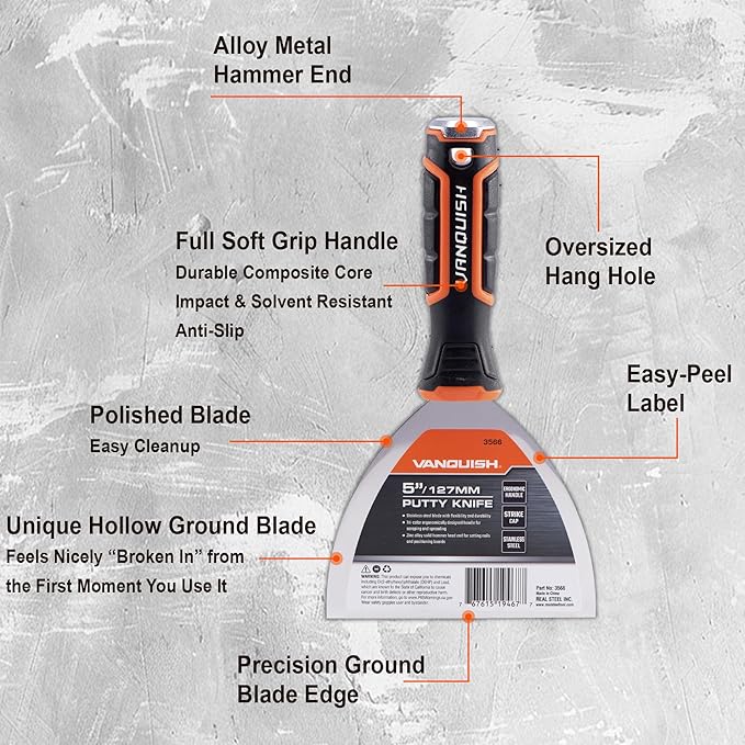 VANQUISH 4 Inch Stainless Steel Putty Knife Scraper with Soft Grip Handle and Metal Hammer End (3564)