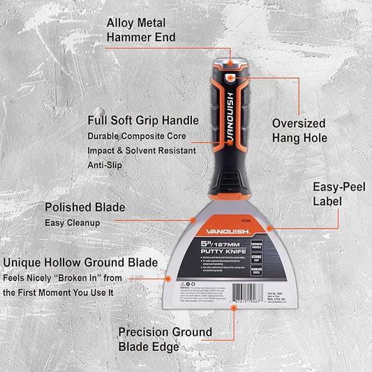 VANQUISH 4 Inch Stainless Steel Putty Knife Scraper with Soft Grip Handle and Metal Hammer End (3564)