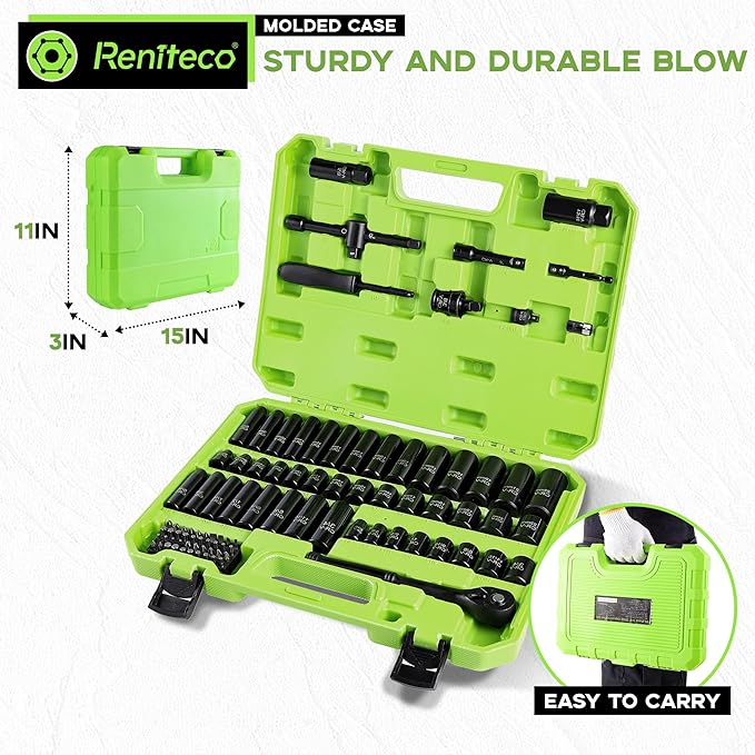 95-Piece 3/8" Socket Set, SAE (5/16"-3/4") & Metric (8mm-22mm), Ratchet Handle, Extension Bar, Adapter, Universal Joint, Power Drill Adapter, Screwdriver Bit, Spark Plug Socket