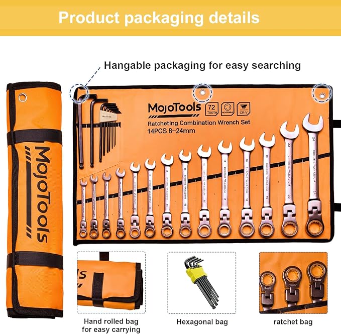 23-Piece Flex-Head Ratcheting Combination Wrench Set-Includes 14PCS Metric 8-24mm Ratchet Combination Wrenches Set,9PCS Allen Wrenches-72-Teeth,Cr-V Constructed,Nickel Plated,Organizer Bag