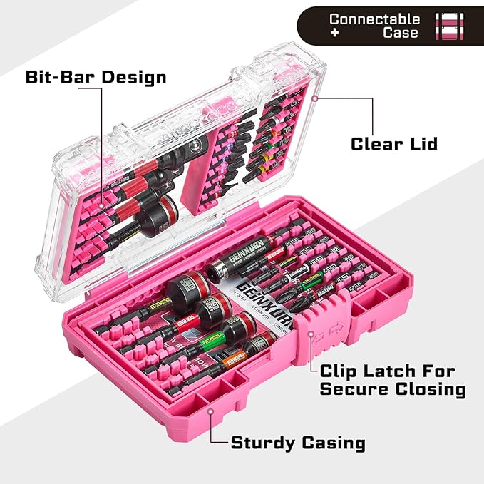 29Pieces Impact Screwdriver Bits Set, Magnetic S2 Steel 1??2??Phillips/Square/Torx/Slotted Bits Tips,Impact Bit Holder and Nut Driver and Socket Adapter Set with Pink Storage Box Case