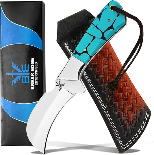 Stainless Steel Lineman's Hawkbill Knife, Fixed Blade Full Tang, Turquoise Handle with Leather Sheath