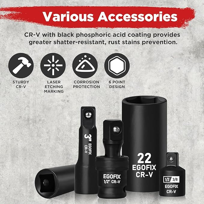 1/2??Drive Impact Deep Socket Set, 39 Pieces Metric(8-24mm)/SAE(5/16 to 1-1/4), CR-V Steel Tool Set with 3?? 5?? 10??Extension Bar, Adapters