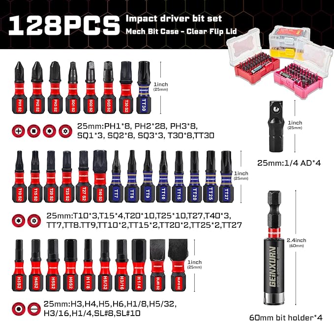 128Pieces Impact Screwdriver Bits Set, S2 Steel Magnetic Phillips/Slotted/Square/Security Torx/HEX Muliti Insert Bits Tips Set with Impact Bit Holder and 1/4?쒾ocket Adapter(Storage Box Case)