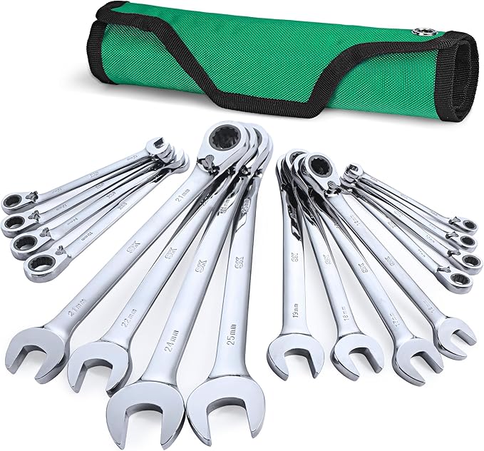 SK Reversible Ratcheting Wrench Set, Combination Wrench Set, 16-Piece, Metric, 72-Tooth, Premium CR-V Construction, with Rolling Pouch