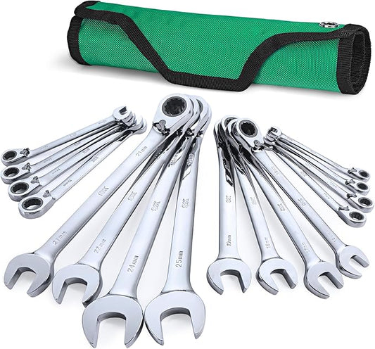 SK Reversible Ratcheting Wrench Set, Combination Wrench Set, 16-Piece, Metric, 72-Tooth, Premium CR-V Construction, with Rolling Pouch