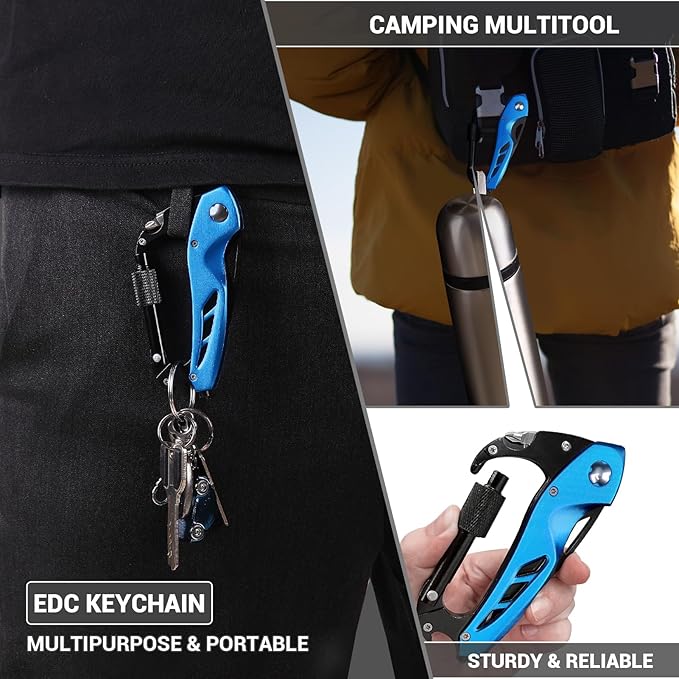 EDC Multitool Carabiner with Knife, Bottle Opener, Window Breaker and Screwdriver, Survival Knives Tools for Men Outdoor Camping (Blue)