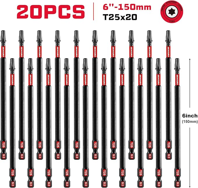 20Pack Impact Tough #25 Torx 6 in. Insert Driver Bits, Magnetic T25 Head Power Bits, S2 Alloy Steel T25 Screwdriver Bits Set Bulk