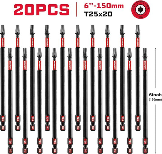 20Pack Impact Tough #25 Torx 6 in. Insert Driver Bits, Magnetic T25 Head Power Bits, S2 Alloy Steel T25 Screwdriver Bits Set Bulk