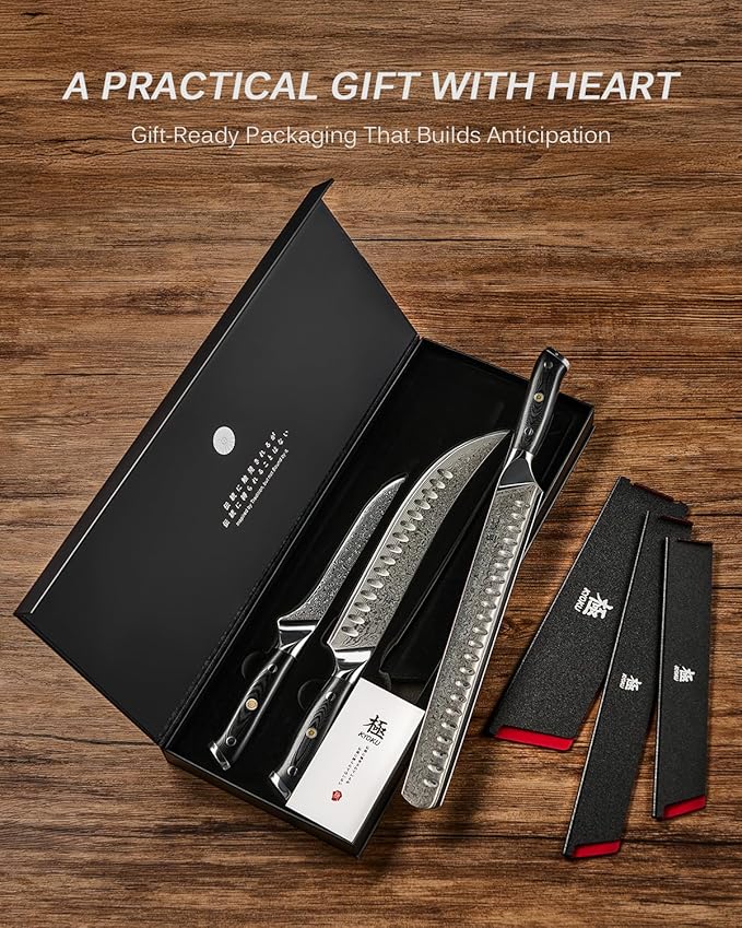 KYOKU Knife Set, Shogun Gin Series 3pc Japanese Style Kitchen Knife Set for Cooking, 7" Boning 12" Slicing 10" Scimitar Knife with Silver Ion Blade Sheath Gift Box, Damascus Stainless Steel Knives
