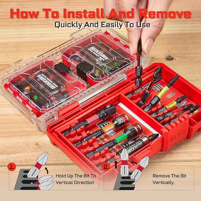 52Pcs Impact Screwdriver Bits Set, Magnetic S2 Steel 1??2??Phillips/Square/Torx/Slotted/Hex Bits Tips,Impact Bit Holder and Nut Driver and Socket Adapter Set with Red Storage Box Case