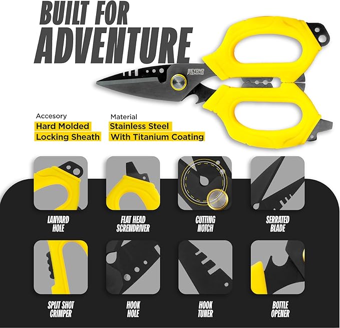 Beyond Fishing OmniPro Shears ??6.5??Multi-Function Fishing Scissors with Titanium-Coated Blades ??Cuts Braided Line, Monofilament, Fluorocarbon & Steel Wire ??Fishing Tool with Sheath