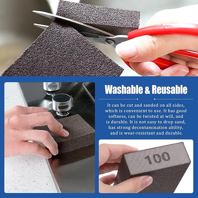 Glarks 16Pcs 120 Grit Sanding Sponge Kit 15Pcs 10x7x2.5CM Washable and Reusable Sanding Blocks and 1Pc Paint Brush Ideal for Wood Working, Drywall Metal Polishing
