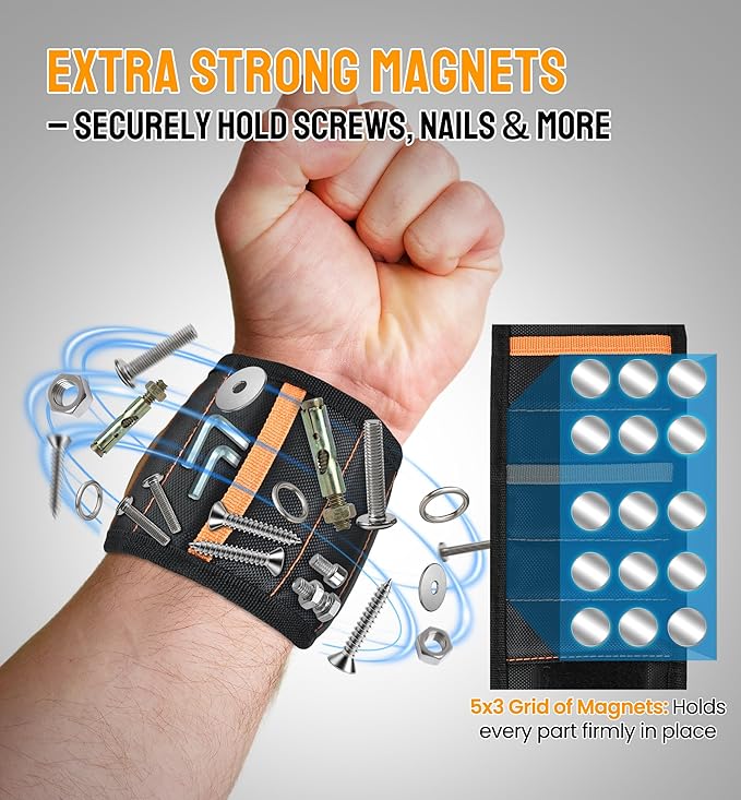 HiRui Magnetic Wristband for Tools ??Ultra-Strong 15 Neodymium Magnets Hold Screws, Nails & Bits, Dual Pockets ??Hands?멑ree for DIY, Home Repairs, Auto ??Gift?멢eady for Dad, Husband, Grandpa (Black)