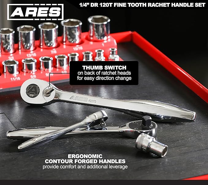 ARES 42068-1/4-Inch Drive 120 Tooth Ratchet ??3 Degree Swing Arc - Reversible Ratcheting Mechanism - Ergonomic Handle and Professional Gear Structure