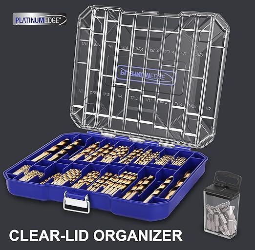 276pc Titanium Twist Drill Bit Set with S2 Bits 135° Tip High Speed Steel, Size from 1/16" up to 1/2", Ideal in Wood Cast Iron Aluminum Alloy Plastic Fiberglass, Clear Lid Case