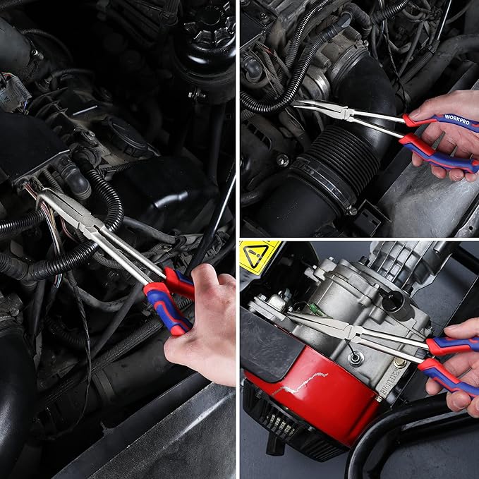 WORKPRO 3PC Long Reach Pliers Set, 11 Inch Extra Long Needle Nose Plier Set Includes Straight, 90째 & 45째 Bent Nose Plier, Pliers Tool Set for Narrow Spaces