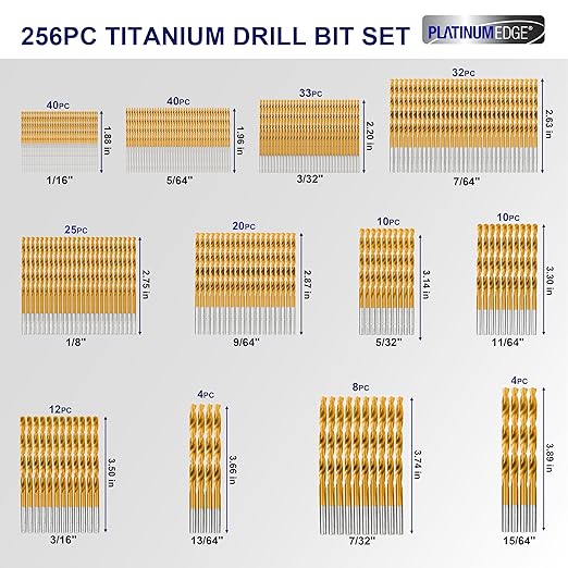 276pc Titanium Twist Drill Bit Set with S2 Bits 135° Tip High Speed Steel, Size from 1/16" up to 1/2", Ideal in Wood Cast Iron Aluminum Alloy Plastic Fiberglass, Clear Lid Case