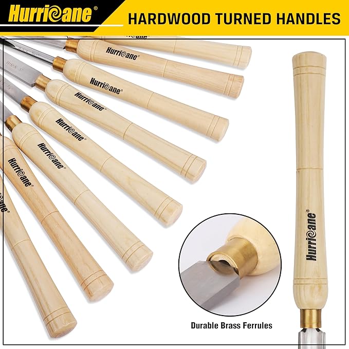 HURRICANE 8pc Wood Lathe Chisel Set with Wooden Box - HSS Wood Turning Tools for Woodworking - Perfect Tools for Precision Cutting and Smooth, Detailed Projects