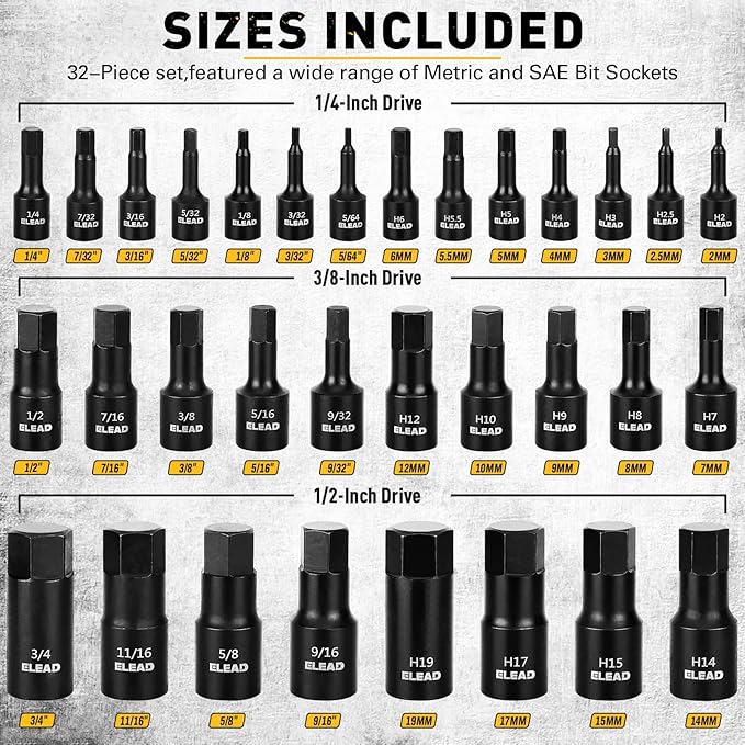 Hex Bit Impact Socket Set: 36-Piece with 4 Adapters, 1/4", 3/8", 1/2"Drive Master Allen Socket Set, Cr-V Steel, SAE and Metric, H5-H19 & 3/4"-5/64", Reinforced Storage Case, Automotive Mechanic
