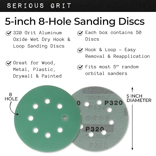 Serious Grit Sanding Discs 5 Inch 8 Hole 320 Grit - Heavy-Duty Hook & Loop Wet Dry Film Sandpaper Discs - Extra Fine Sand Paper for Random Orbital Sanders - Wood, Automotive, Metal, etc - 50 Pack Box
