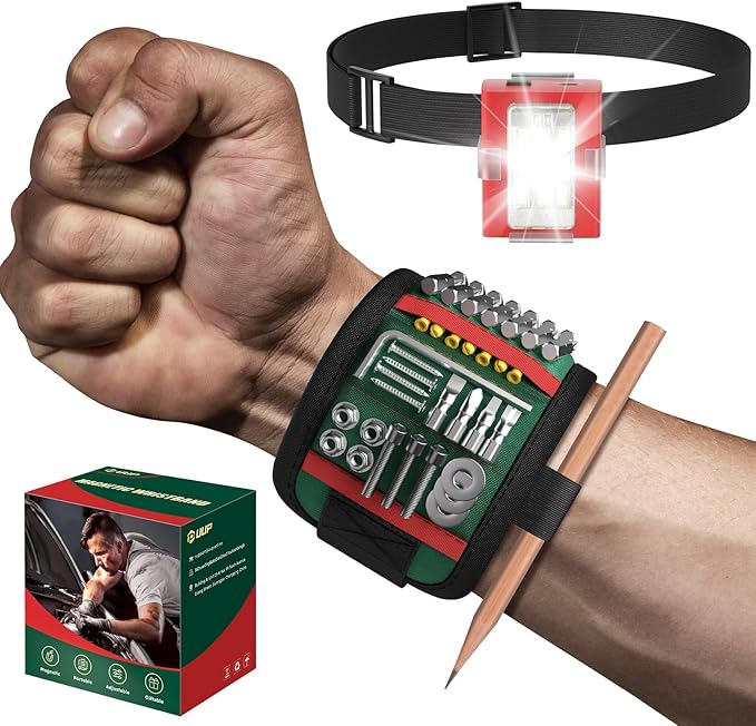 Magnetic Wristband with LED Light, Magnet Tool Belt Wrist Band for Screws and Nails, Adjustable Wrist Tool Holder, Valentines Day Gifts for Men, Him, Boyfriend, Dad, Mechanic, Woodworker, Handyman