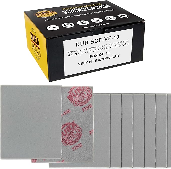 Dura-Gold Very Fine Cut Sanding Sponges, Box of 10-5.5" x 4.5" (320 to 400 Grit) Performance Conform & Flex Wet or Dry Flexible Softback Sandpaper Sponges, Hand Block - Wood Drywall Metal Auto Paint