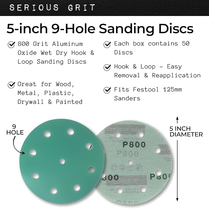 Serious Grit - 5-Inch 9-Hole 800 Grit Sanding Discs - Heavy-Duty Hook & Loop Film Discs - Sandpaper for Random Orbital Sanders - 50 Pack Box