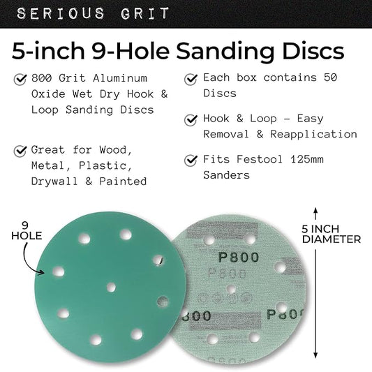 Serious Grit - 5-Inch 9-Hole 800 Grit Sanding Discs - Heavy-Duty Hook & Loop Film Discs - Sandpaper for Random Orbital Sanders - 50 Pack Box