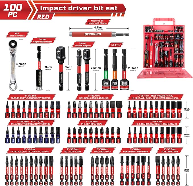 100Pieces 1??2??Impact Screwdriver Bits Set, Magnetic S2 Steel (Phillips/Slotted/Square/Torx/Hex/Security Torx) Driver Bits Tips,Impact Bit Holder and Nut Driver with Red Storage Box Case