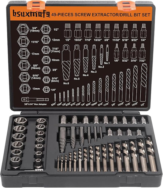 49PCS Screw & Bolt Extractor Set with Left Hand Drill Bit Set, Multi-Spline Easy Out Broken Bolt Remover Tools for Damaged Stripped Rounded-Off Bolts, Socket Screws, Nuts, Studs, and Fittings
