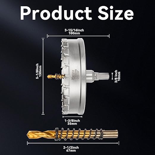 Hole Saw 5-1/8" (130mm) Heavy Duty Carbide with 2 Pilot Drill Bits - Metal Hole Cutter Cuts Stainless Steel, Iron, Copper, Brass, Plastic