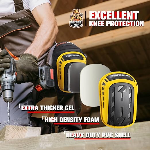 REXBETI Knee Pads for Work, Construction Knee Pads for Men, Heavy Duty Comfortable Anti-slip Foam Gel Knee Pads for Gardening Flooring and Cleaning, Strong Stretchable Straps, Yellow