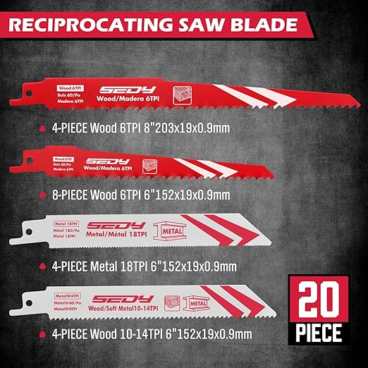 20-Piece Ultimate Reciprocating Saw Blade Set, Premium 6 & 8 Inch Wood and Metal Cutting Blades with Storage Box for Pruning, Wood, and Metal Cutting Tools